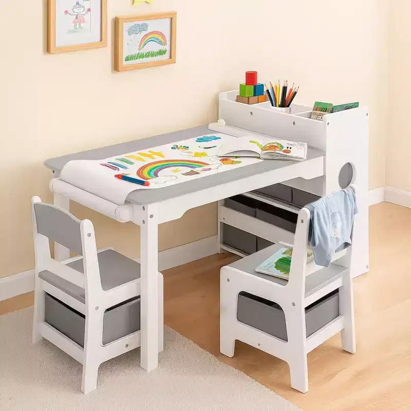 Kinder King 3-in-1 Kids Table & 2 Chairs Set with Storage, Removable Top & Blackboard, for Art, Crafts, Reading