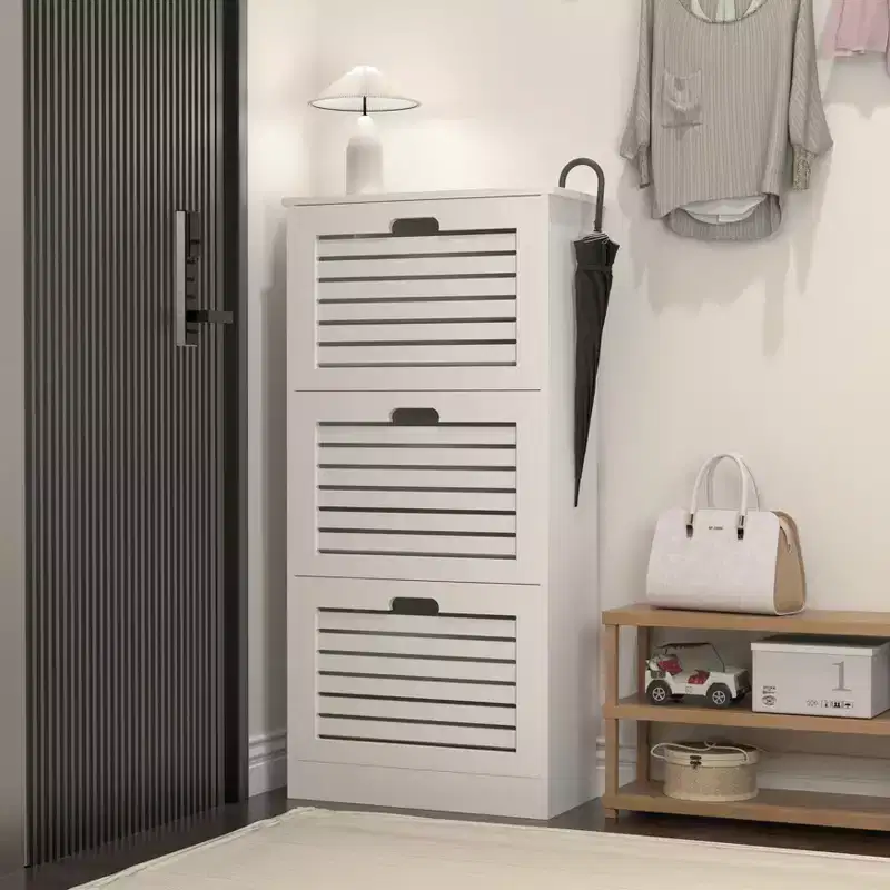 Ventilated Shoe Cabinet with 3 Flip Doors & Adjustable Shelves, Freestanding Wooden Shoe Organizer with Anti-Tip Device for Entryway