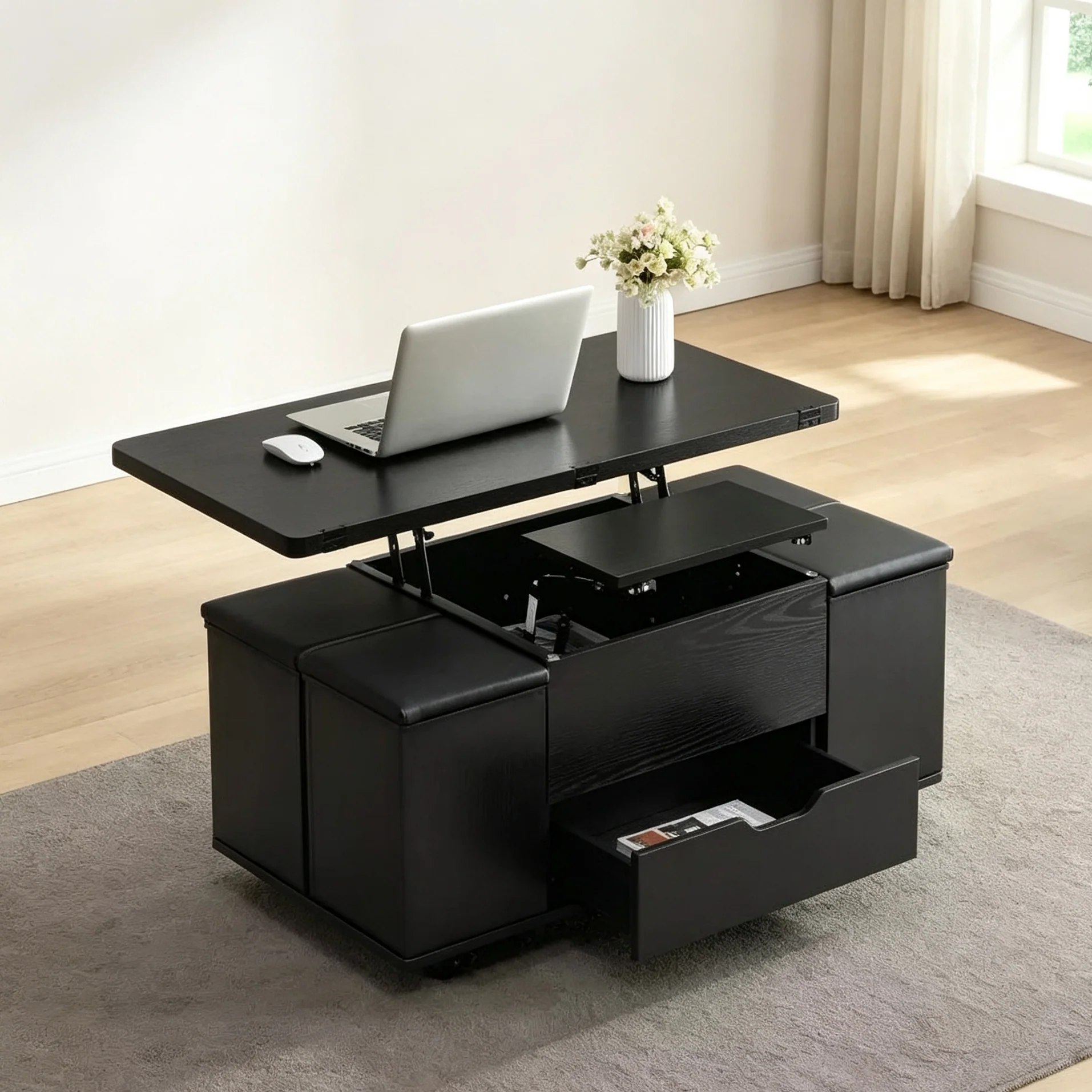 Modern Lift-Top Coffee Table with Storage and Stools, Multifunctional Mobile Center Table for Small Living Rooms or Apartments