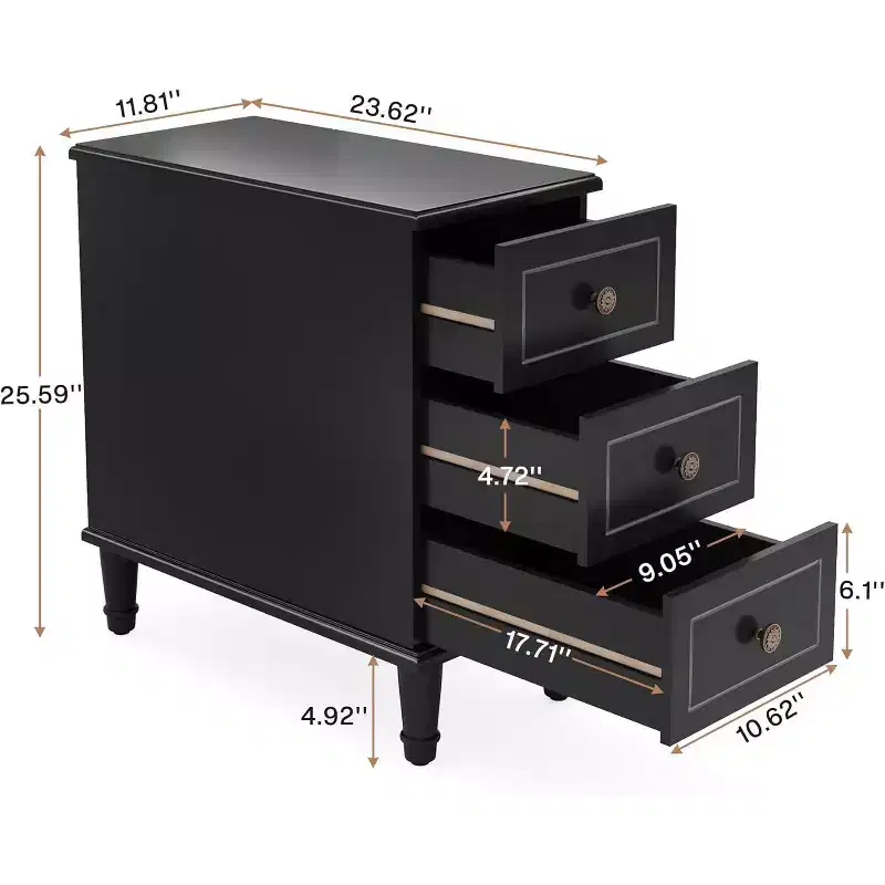 Lantine Wood End Table, Fully Assembled Narrow Side Table with Drawers, Nightstand Slim Bedside Table for Small Spaces, Living Room, Bedroom, Black