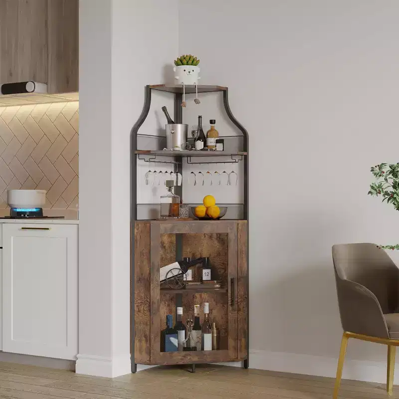 Industrial Corner Bar Cabinet with Lights,5-Tier Storage, Removable Glass & Wine Rack, Adjustable Shelves,Space-Saving Liquor Sideboard
