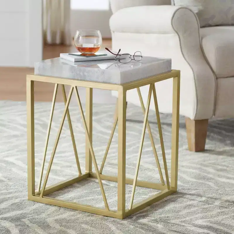 Coast to Coast Accents Modern Gold Powder-Coated Square Accent Table 15 1/2 White Gray Marble Tabletop Open Cage for Living Room