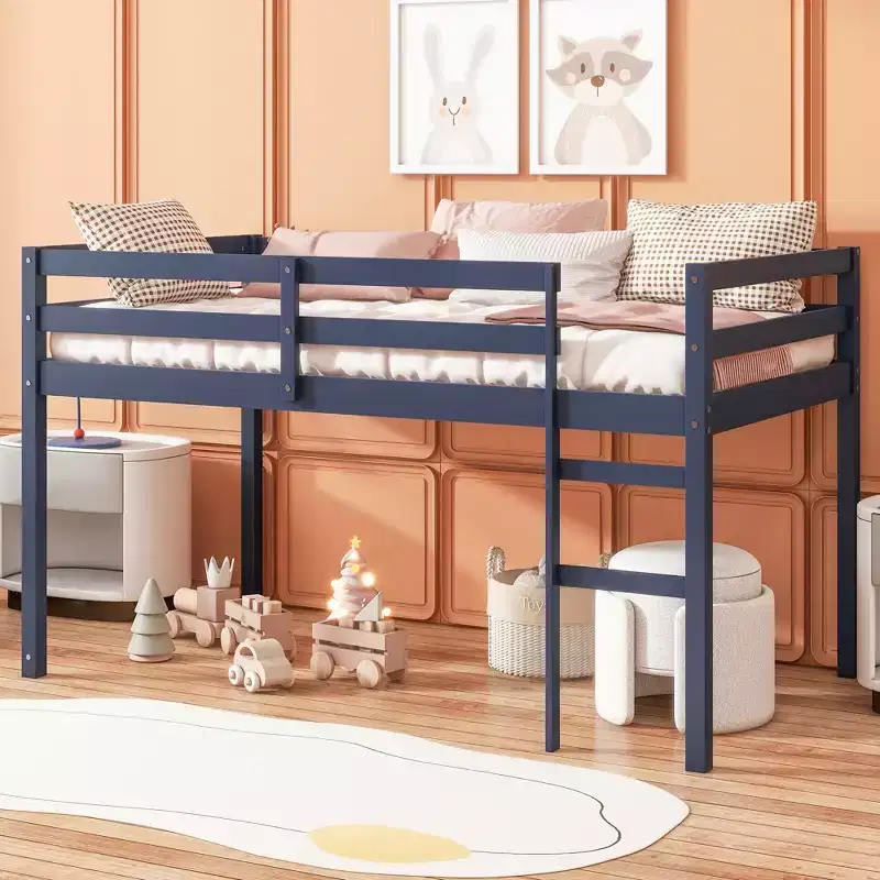 Twin Loft Bed, Solid Rubber Wood with Ladder and Strengthened Slats, Blue
