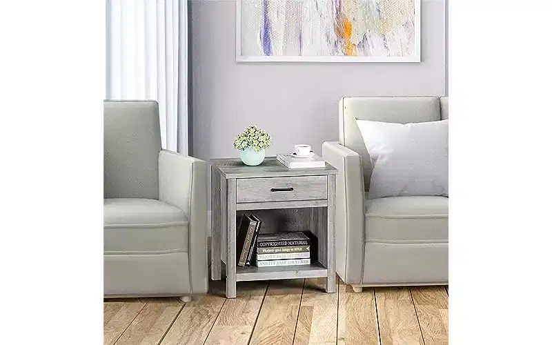 22 width Nightstand with Drawer, Grey Night Stand End Table Living Room with Storage Shelf, Wooden Bedside Table for Bedroom Nursery Office