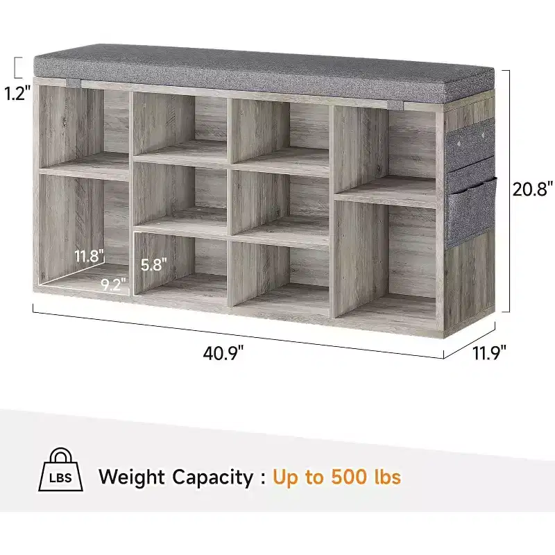41 Shoe Bench with Padded Seat, Adjustable Shelves and Side Pockets, 10-Cube Storage Organizer for Entryway