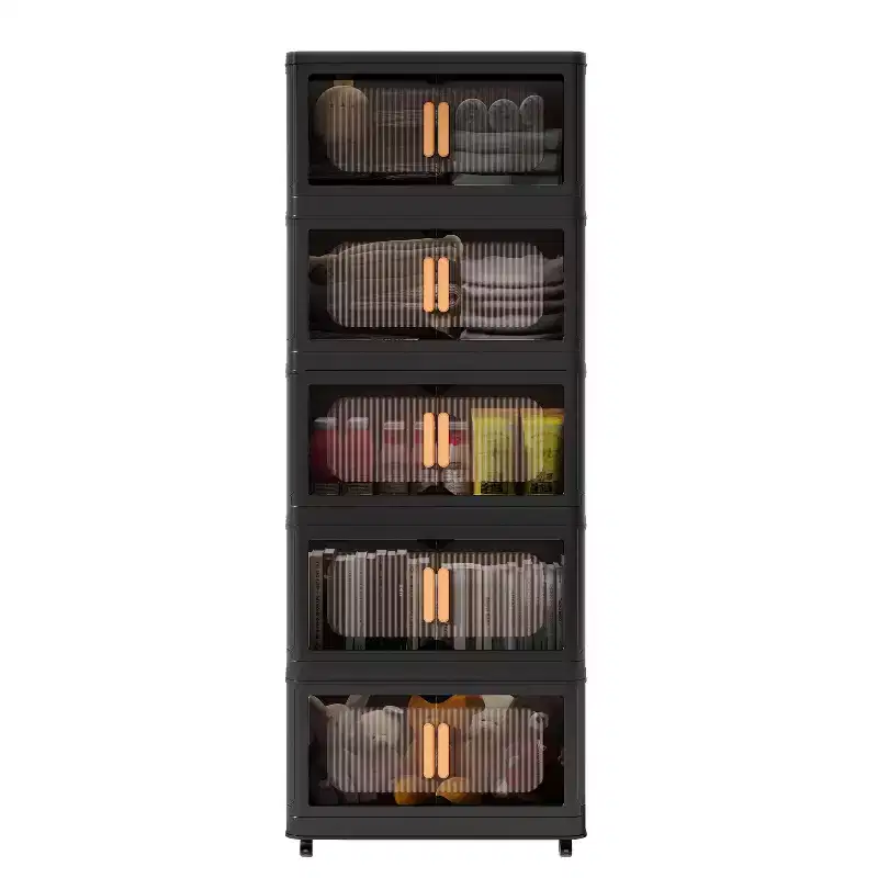 5 Tiers Plastic Folding Storage Cabinets with Magnetic Doors Wheels, Closet Organizers and Storage Containers Black for Small Space
