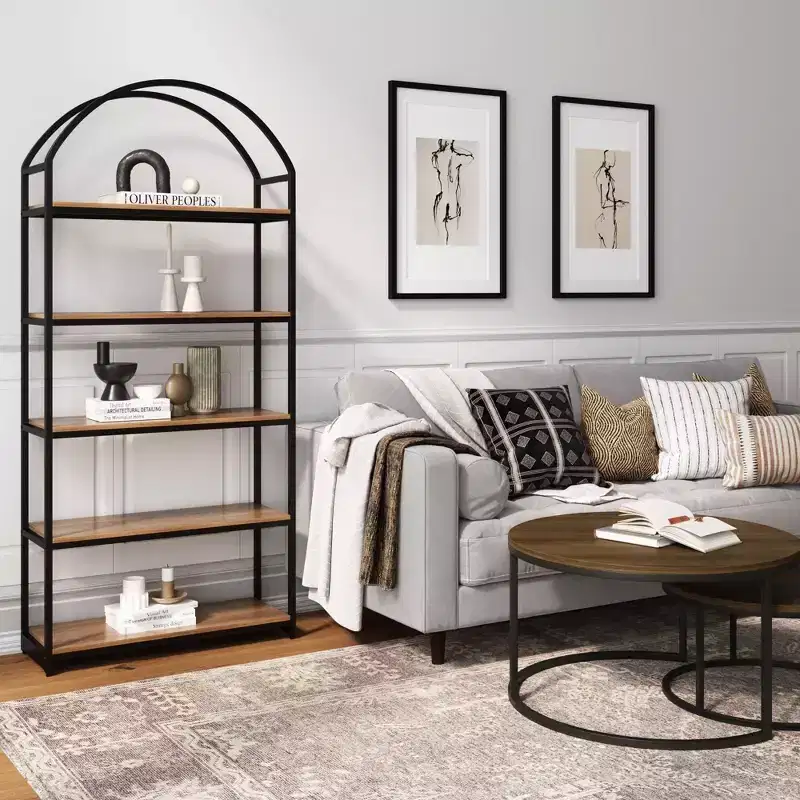 72" Haven Wood and Metal 5 Shelf Arch Bookshelf Reclaimed Oak/Matte Black - Nathan James
