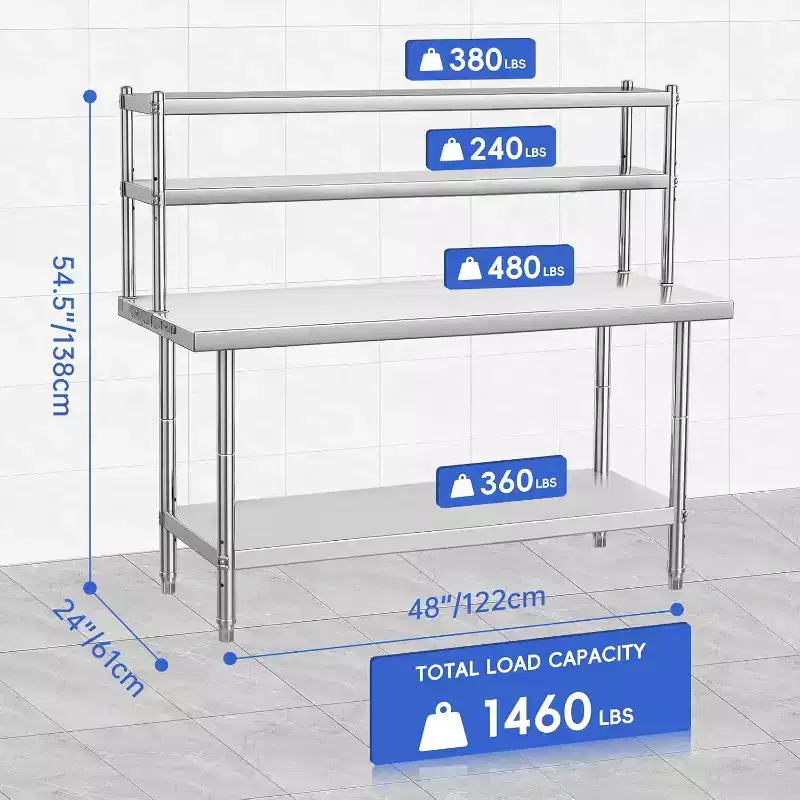 Stainless Steel Table 48x24, Heavy Duty Metal Commercial Prep Table with Four Tiers of Storage with Hooks for Kitchen, Home, Hotel Food Prep
