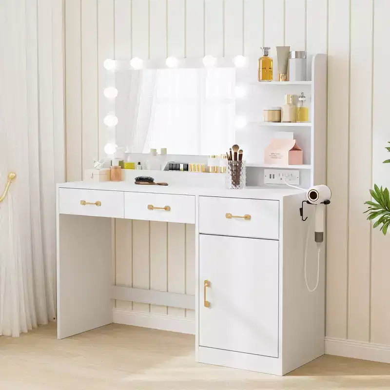 Makeup Vanity Desk with Mirror & Lights – White, Charging Station, 3 Drawers, 2 Cubbies, 1 Cabinet