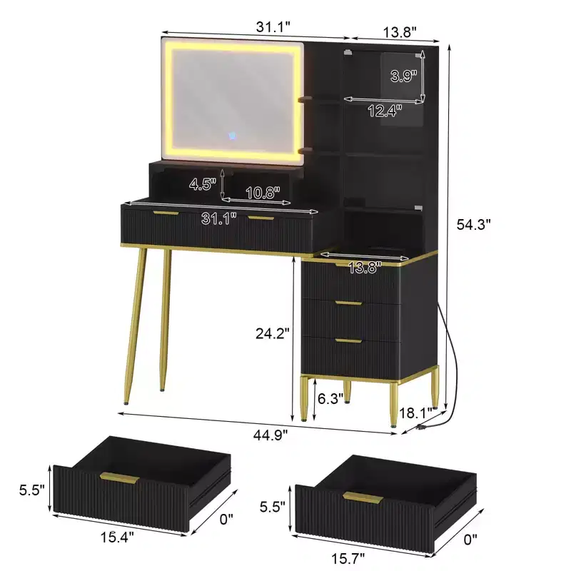 Makeup Vanity Desk with Power Outlet, Glass Top, Lighted Mirror, 5 Drawers and Acrylic Door, 44.9x18.1x54.3 in