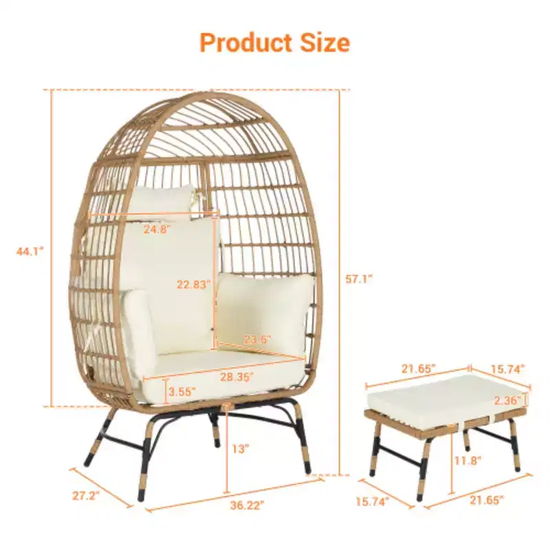 Wicker Egg Chair,Rattan Egg Chair Indoor Outdoor,Oversized Large Egg Chairs 600lbs with Ottoman and Thick Cushions for Porch, Backyard, Balcony