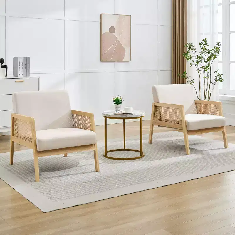 Mid Century Modern Accent Chair with Rattan Armrests, 300LBS Capacity Upholstered Lounge Chair for Living Room Bedroom Reading Nook