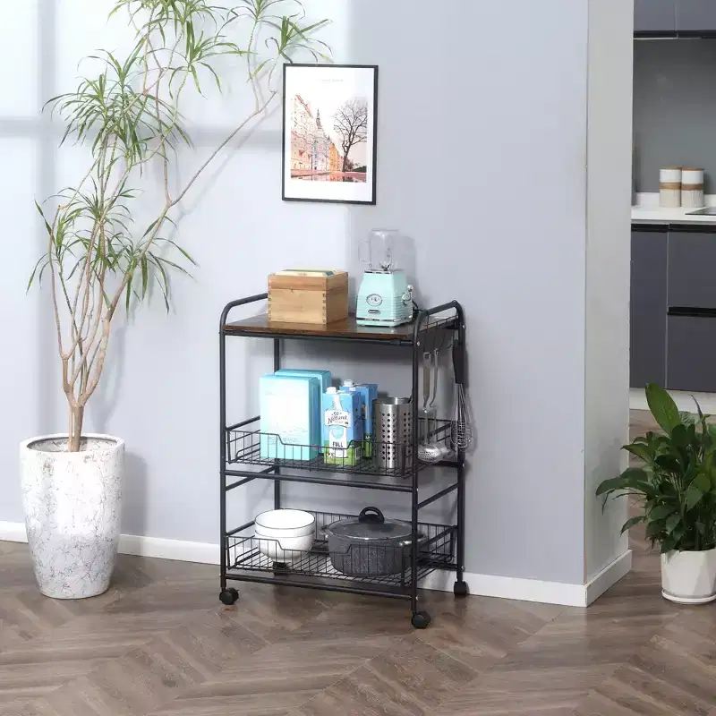 HOMCOM 24 3-Tier Rolling Kitchen Cart, Utility Storage Trolley with 2 Basket Drawers, Side Hooks for Dining Room, Brown
