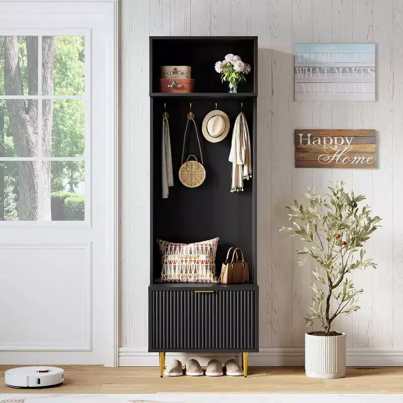 4-in-1 Entryway Bench with Shoe Storage & Coat Rack, 74 Hall Tree Organizer w/ 4 Gold Hooks, Cabinet & Farmhouse Design for Small Spaces