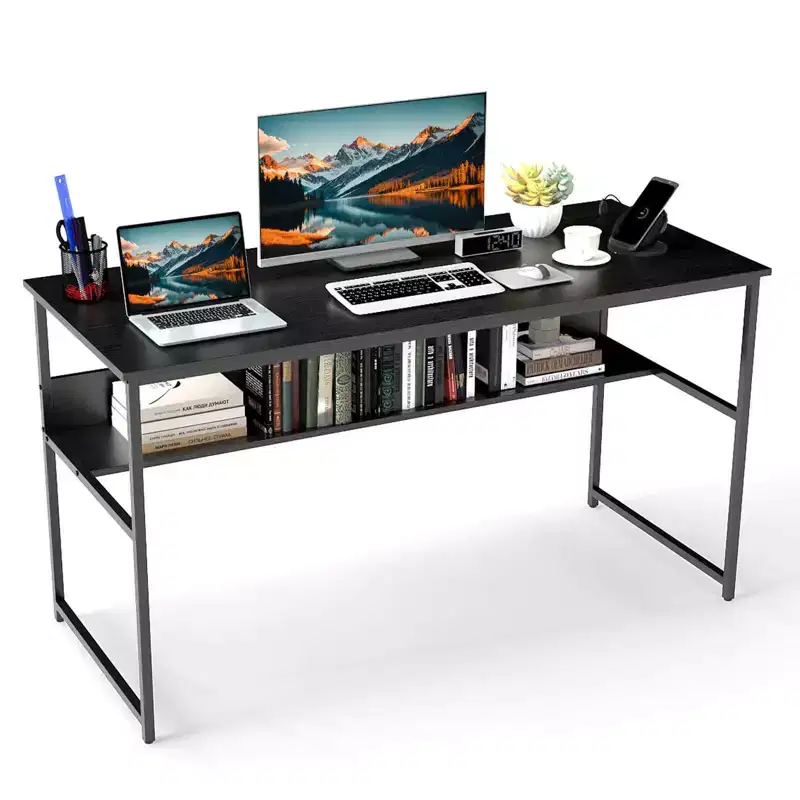 55 x 24 Computer Desk with Power Outlets & USB Ports, Storage Shelf, Metal Frame Black/Brown