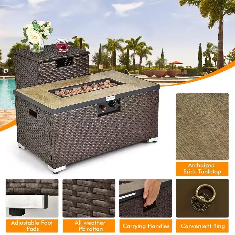 Costway 6PCS Patio Rattan Furniture Set 32'' Fire Pit Table Tank Holder with Cover Beige/Navy/Red/Turquoise