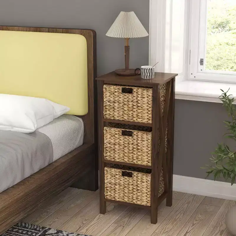 3-Tier Nightstand with 3 Seagrass Baskets Rubber Wood X-Shaped Frames 3 Drawers