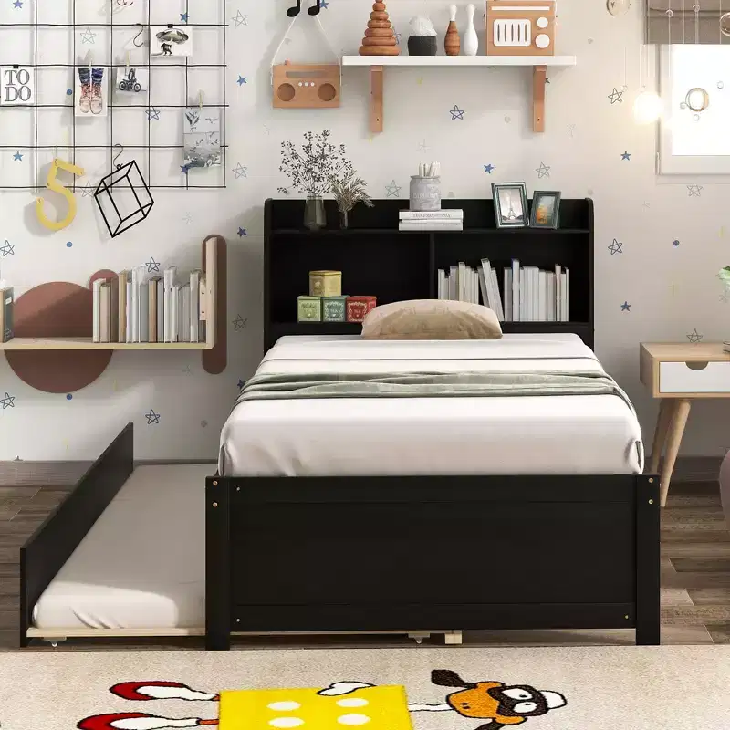 Twin Platform Bed with Storage Headboard, Pull-Out Trundle, Sturdy Pine Wood, Brown