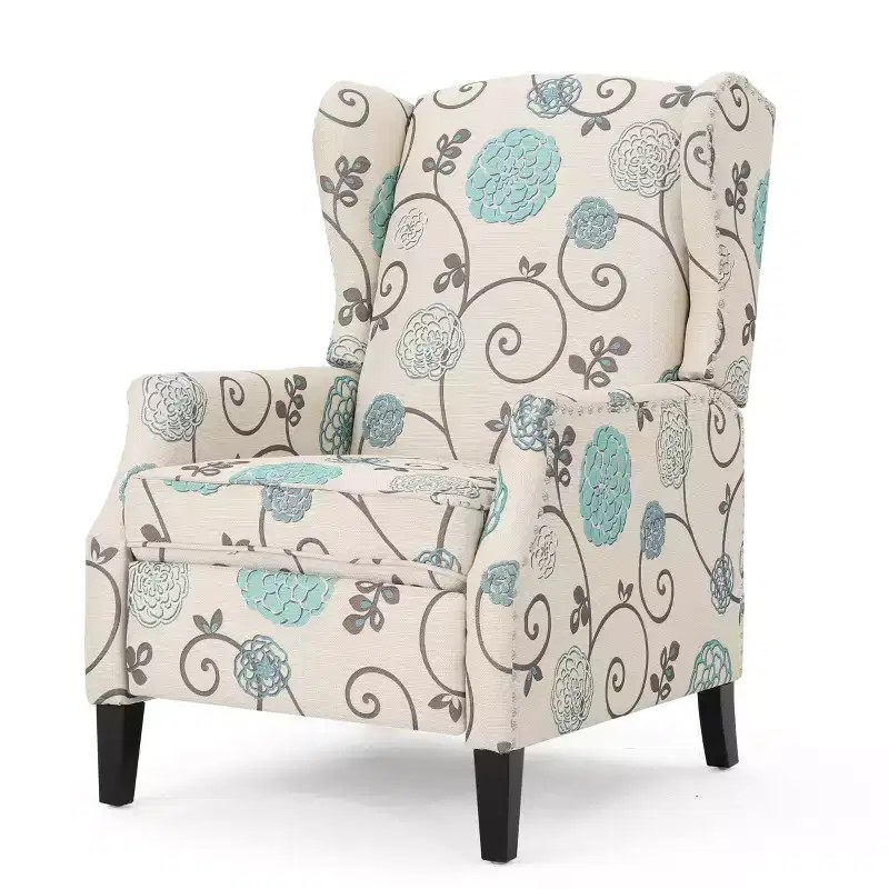Christopher Knight Home Wescott Contemporary Fabric Wingback Pushback Recliner, Light Beige and Blue Floral