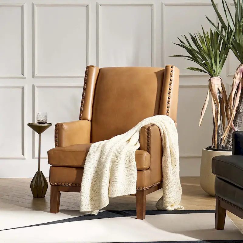 Genuine Leather Armchair with Solid Wood Frame and Removable Seat Cushion by