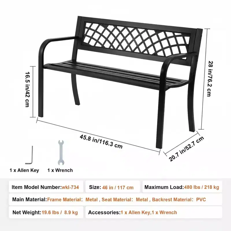 46-Inch Metal Garden Bench with Backrest and Armrests, 480 LBS Capacity