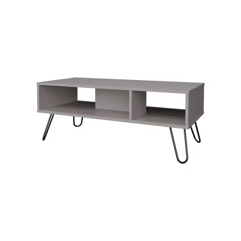 Gray Coffee Table with 2 Open Shelves, Hairpin Legs