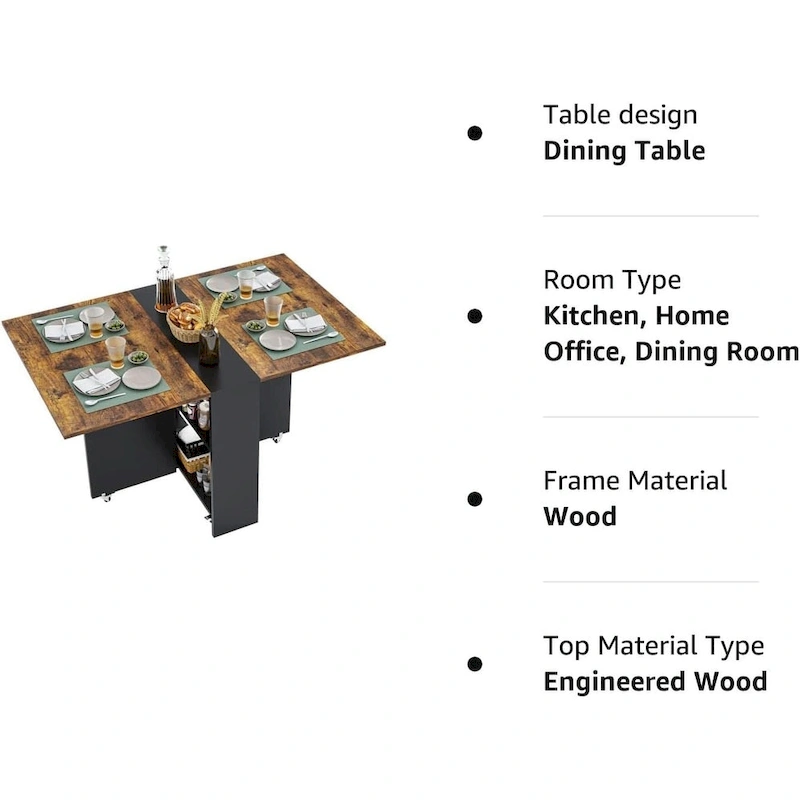 Folding Dining Table with 6 Wheels Drop Leaf Tables