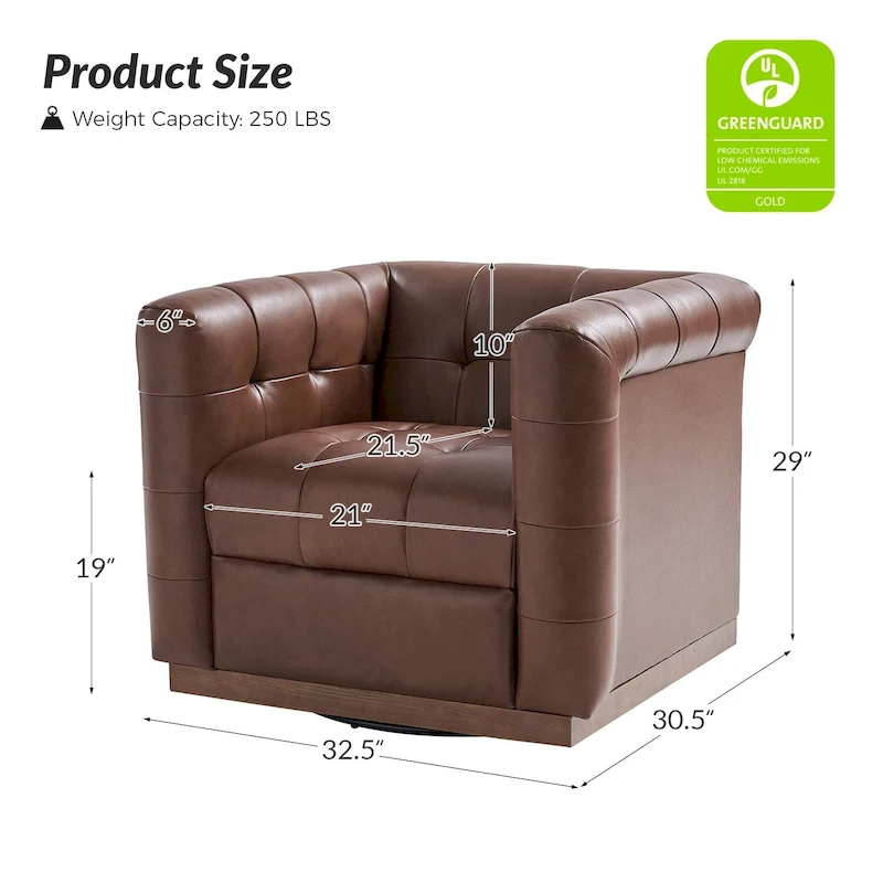 JeremiasMid-certury Modern GenuineLeatherTufted SwivelClubChair with Wooden Apron by HULALA HOME