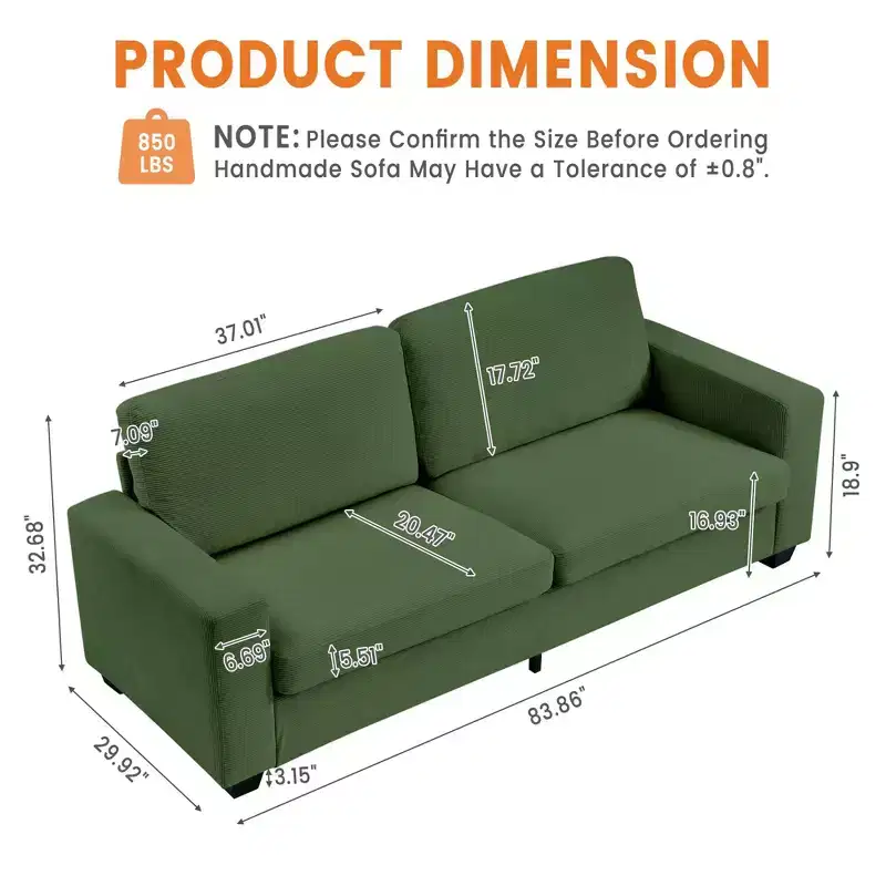 87 Corduroy Couch, 3 Seater Deep Seat Sofa with Wide Armrests, Sturdy Structure, Easy Assembly, Cloud Sofa for Living Room or Apartment
