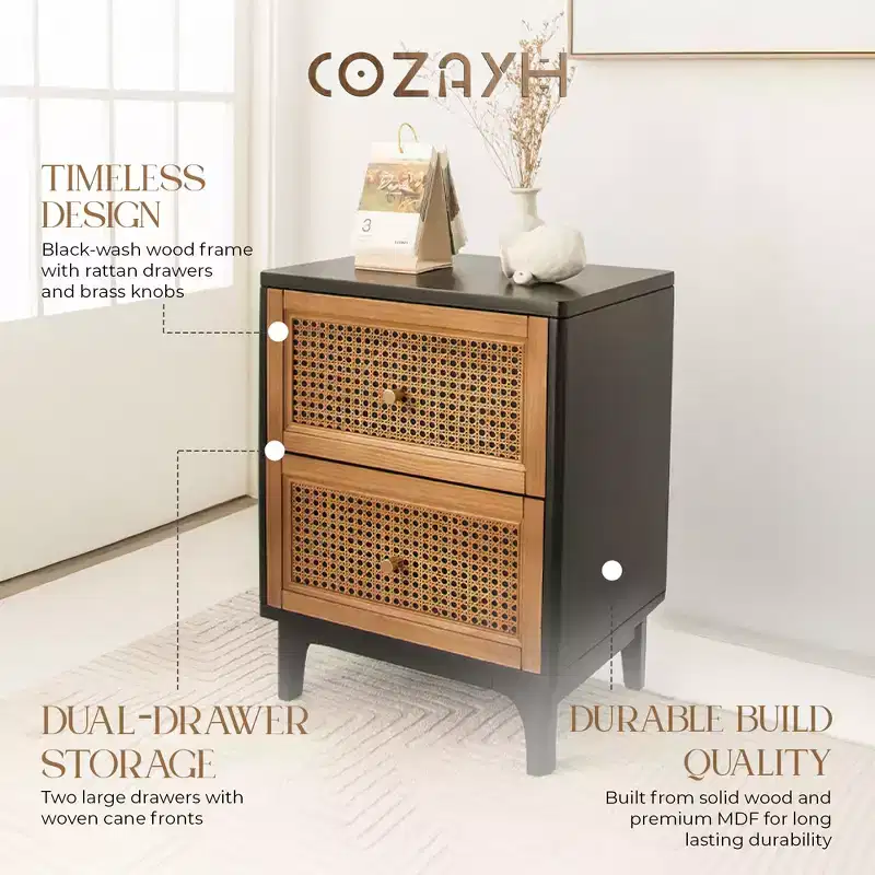 COZAYH Modern Farmhouse 2 Drawer Bedroom Nightstand, Bedside End Table with Single Compartment Storage and Weave Pattern Front, Black, Set of 2