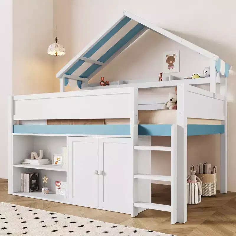Full Size Loft Bed with Storage Cabinet & Shelves, Full Wood Playhouse Loft Bed Frame with Canopy Roof