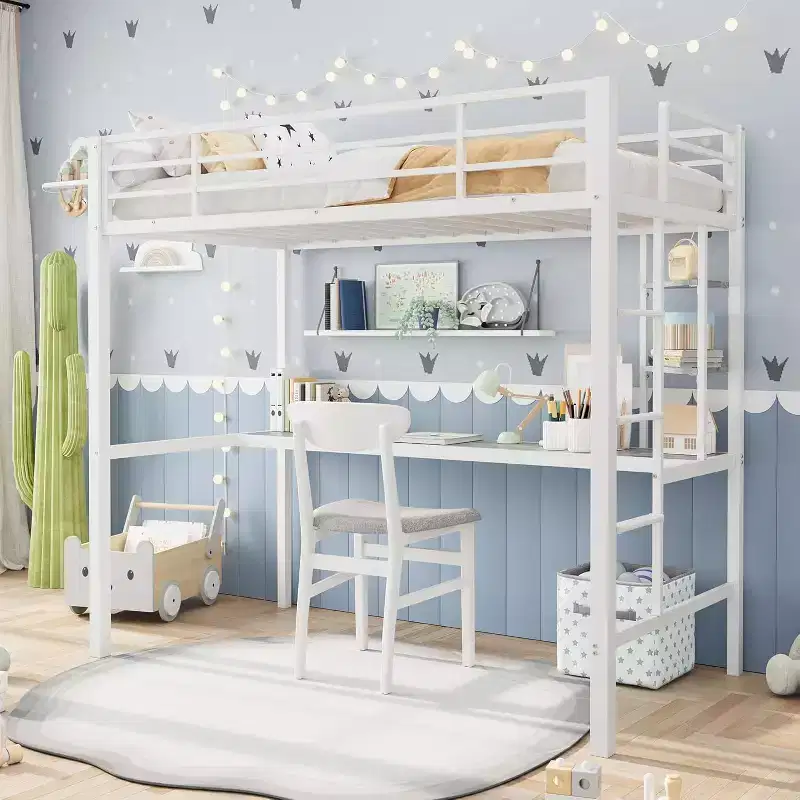 COZONY Loft Bed with Desk and Storage Shelves, Sturdy Metal Frame with Safety Guardrail for Kids Adults