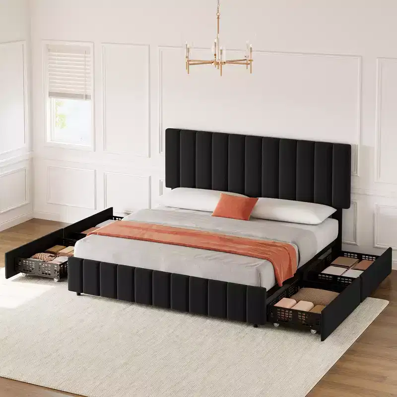 Linen Quilted Upholstered Platform Bed with Adjustable Headboard & 4 Storage Drawers, Sturdy Wooden Slats Support & No Box Spring Needed