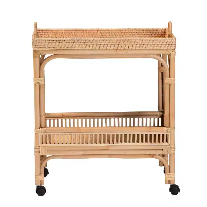 Rattan Wine Cart in Natural Brown – Indoor Bar Cart, No Assembly Required