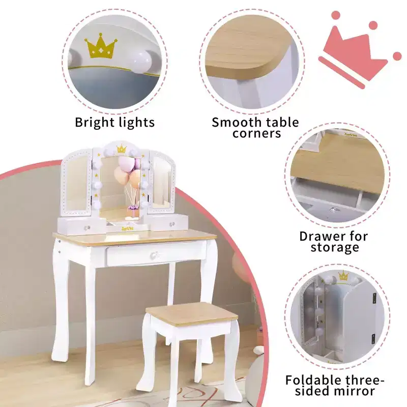 Freniland - Princess Vanity Table for Toddlers with Light-Up Mirror & Stool,Wooden Makeup Table with Storage Drawers