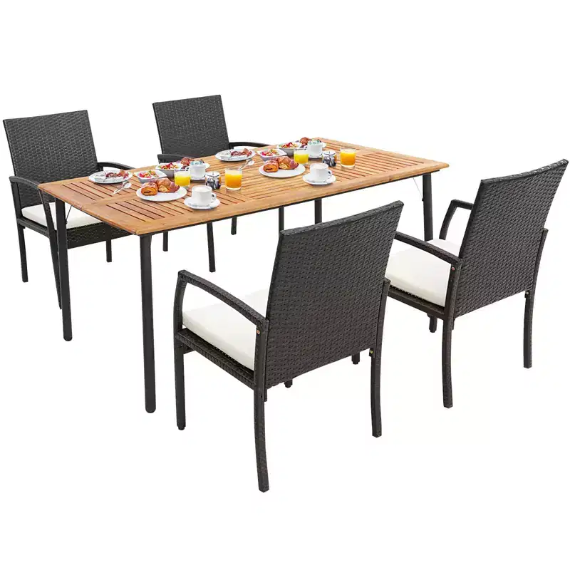 Costway 5PCS Patio Dining Set Cushion Armchairs Acacia Wood Table with Umbrella Hole