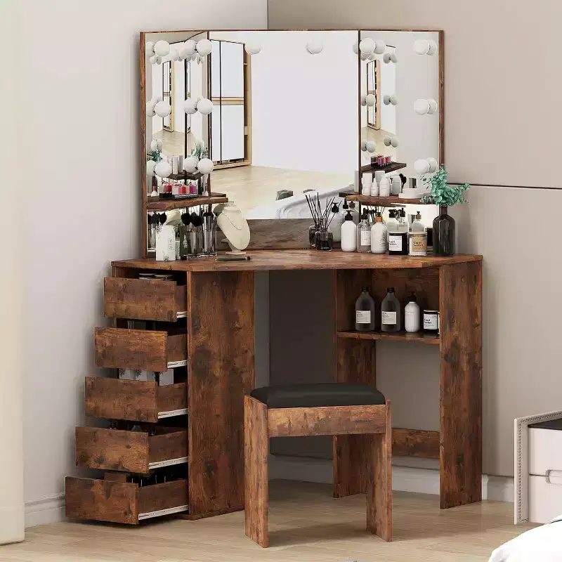 Corner Vanity Desk and Bench, Makeup Vanity Table with 3-Folding Lighted Mirrors, Charging Station, 5 Drawers for Bedroom