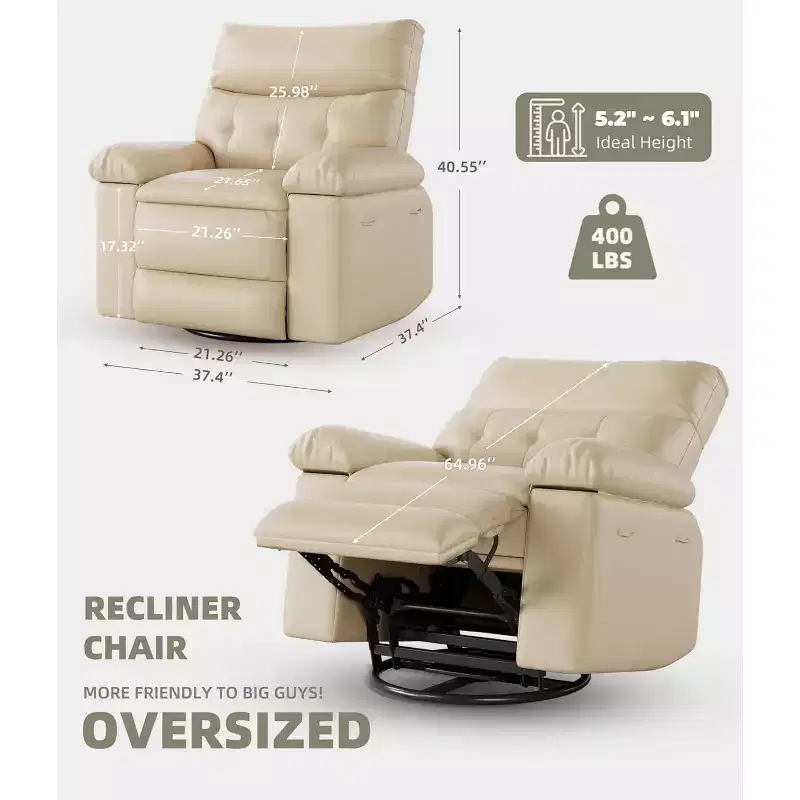 21.26 Inch PU Leather Swivel Rocker Recliner, 360 Swivel Round Base, Massage & Heat Function, Single Sofa for Living Room