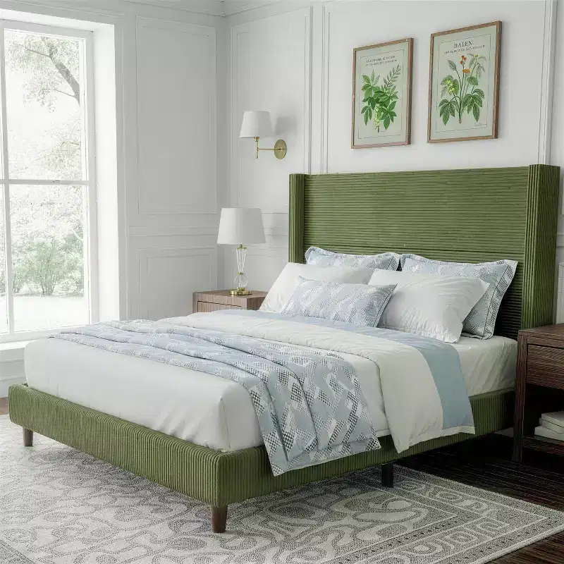Dyonery corduroy bed frame, 56-inch corduroy soft-padded bed frame, solid wood slats and bed legs, no box spring requiredGrey