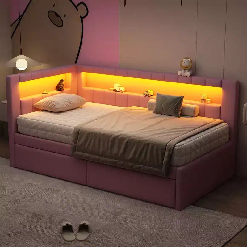 Upholstered Twin Size Daybed with 2 Drawers, Day Bed Frame with Storage L-Shaped Headboard USB Ports and LED