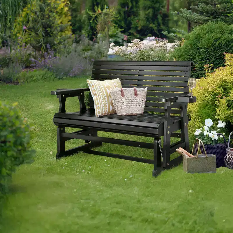 Karl Home | 48 in. Solid Wood Patio Glider Bench with Cup Holder