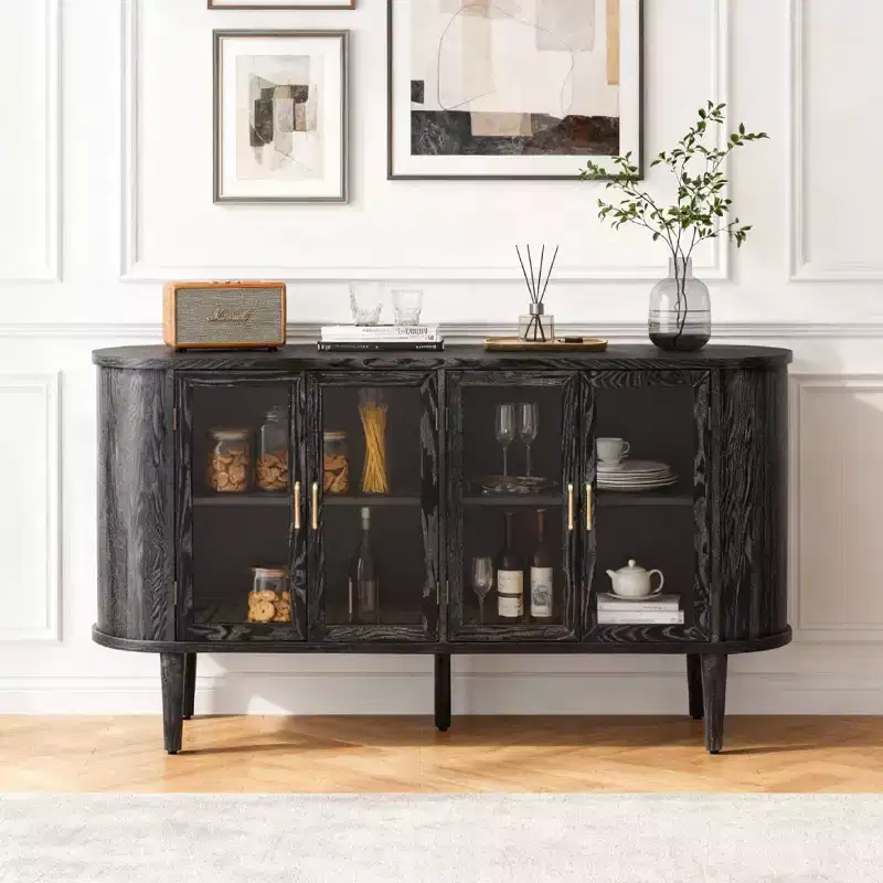 Farmhouse Sideboard Cabinet with Glass Doors and Adjustable Shelves for Dining and Living Room, Black