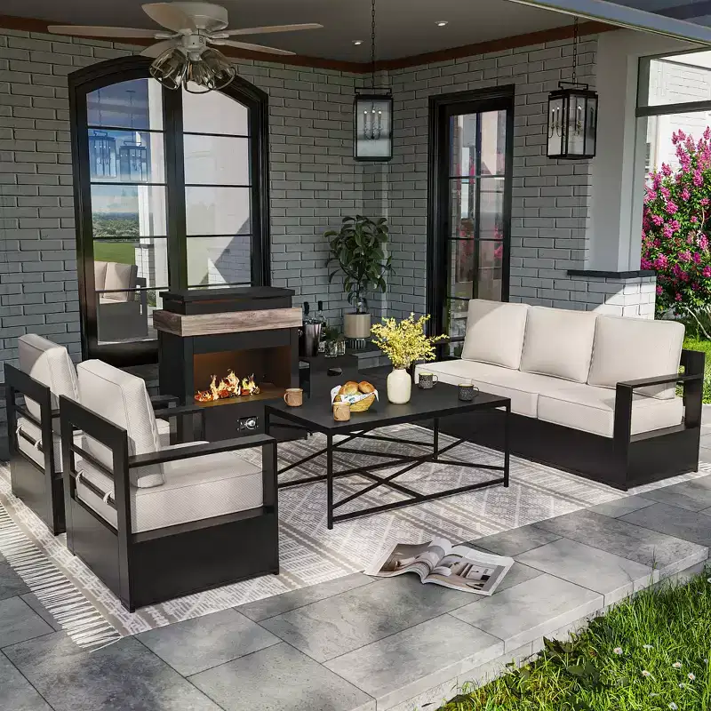 UPTIOT 5-Piece Outdoor Set: 3-Seat Sofa, 2 Chairs, Fire Table & Coffee Table with Waterproof Olefin Fabric for Patio/Backyard