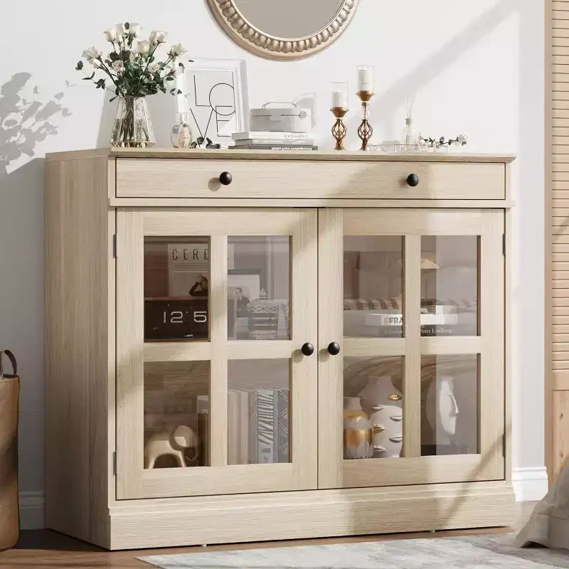 Kitchen Storage Cabinet, 2 Glass Door Buffet Sideboard, Wooden Drawer, MDF Back Panel, Modern Coffee Bar Cabinet with Adjustable Shelf