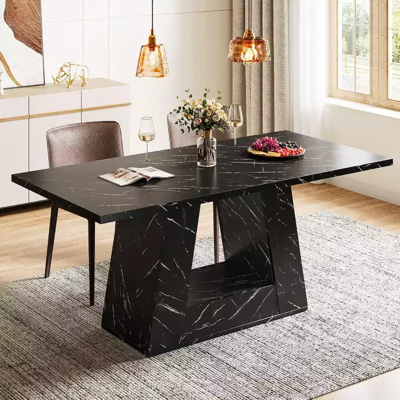 Dining Table for 4-6, 63Modern Wooden Faux Marble Dinner Table with Sturdy Base for Kitchen, Living Room, Black