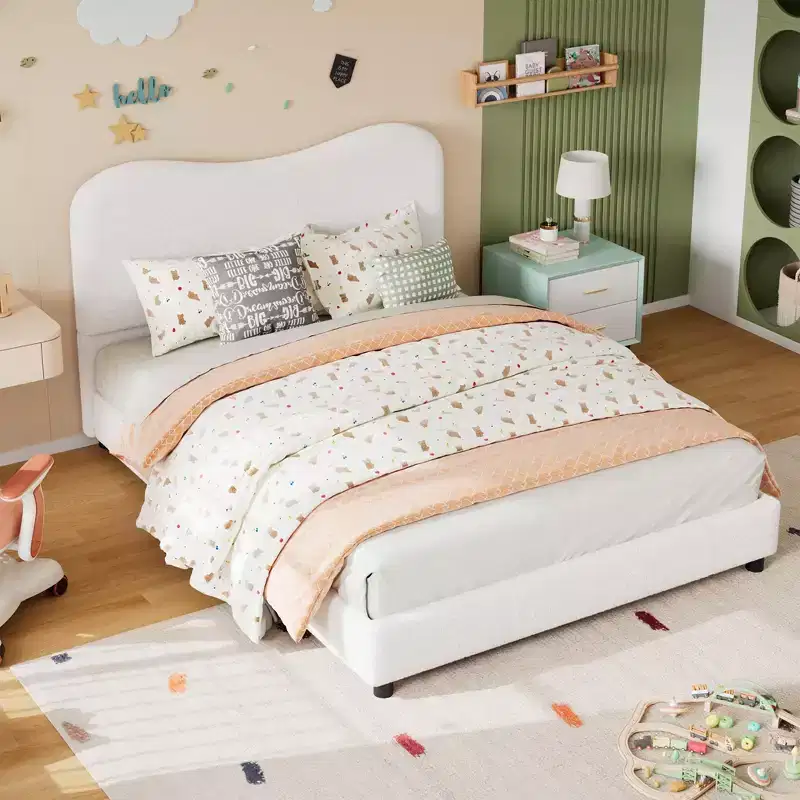 Bed Frame for Kids with Velvet Upholstered Headboard, No Box Spring Needed, White