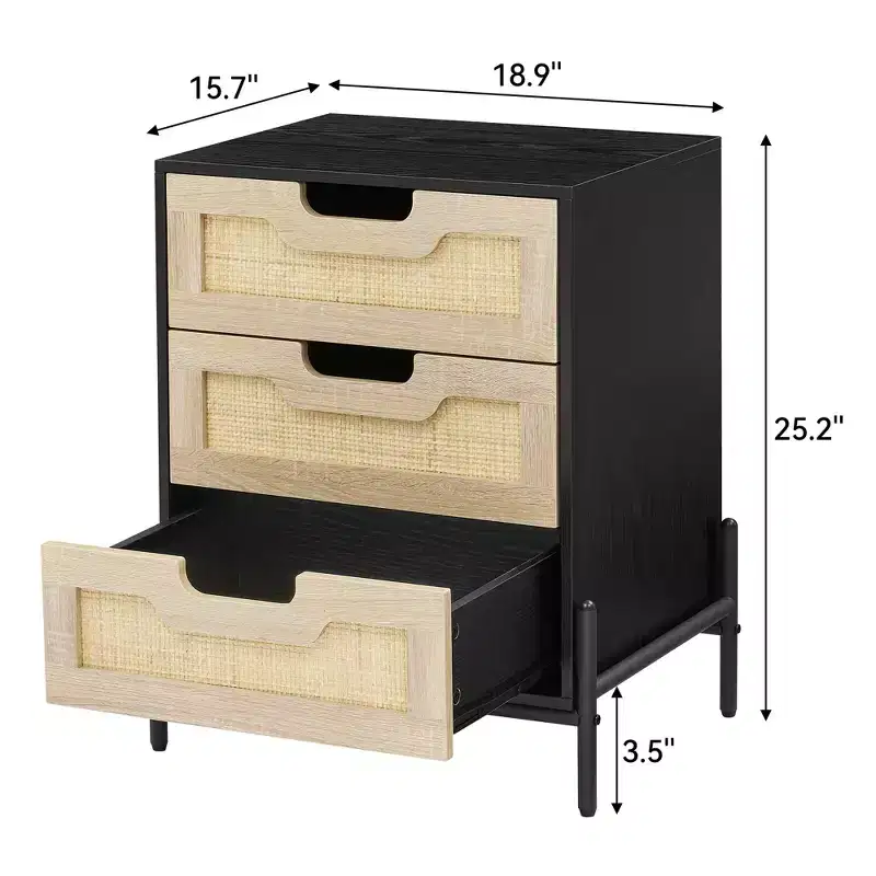 Wicker Storage Nightstand Modern Bohemian-Style Bedside Table Sturdy Wooden Legs Wicker Decorative Side Table for Bedroom and Living Room