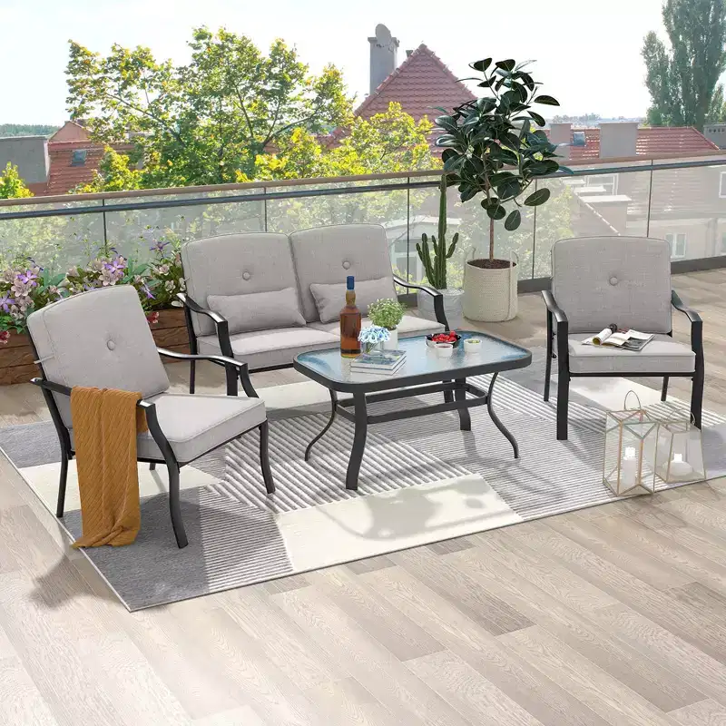 Costway 4 PCS Patio Furniture Set Outdoor Conversation Sofa Tempered Glass Coffee Table Navy/Grey