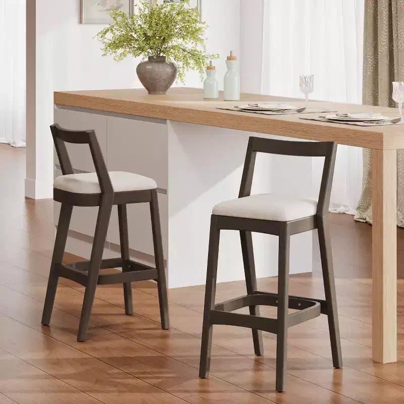 Set of 2 Modern Wooden Bar Stools with Curved Back – Beige Upholstered Seat, 30