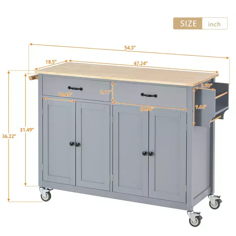 Whisen Modern Wood Kitchen Island with Spice Rack and Drawers